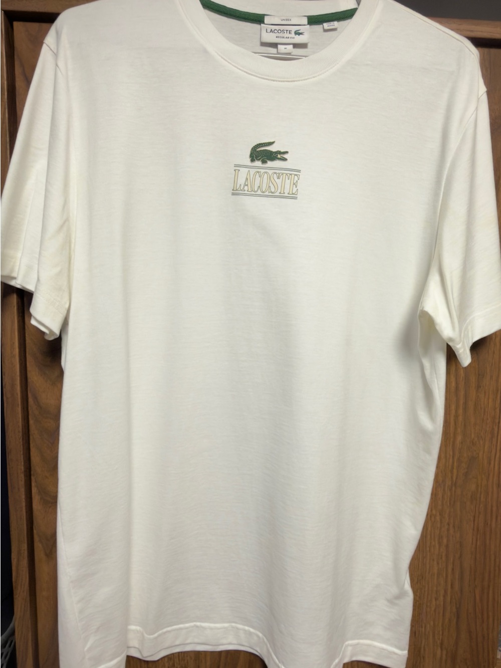 Lacoste Men's Cream Short Sleeve Crewneck T-Shirt with Green Crocodile Logo